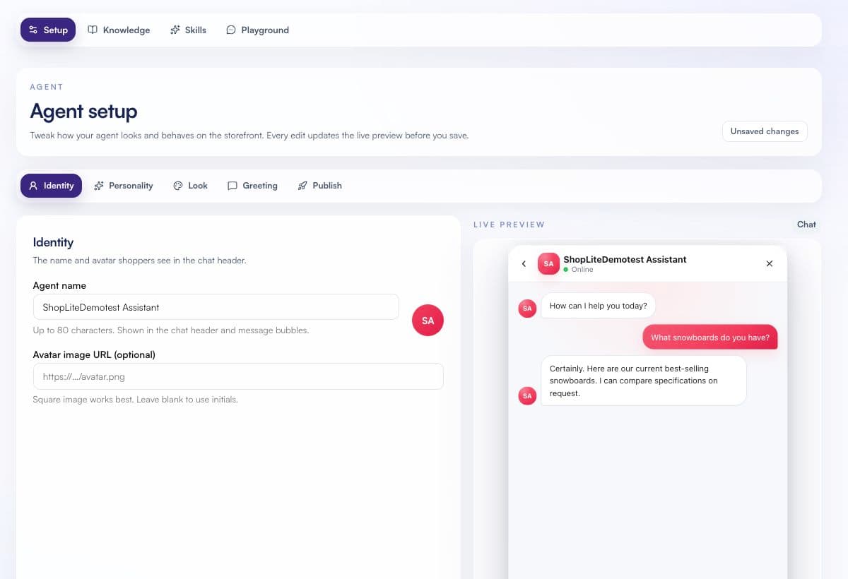 Shoplite agent setup Identity tab beside the live chat preview