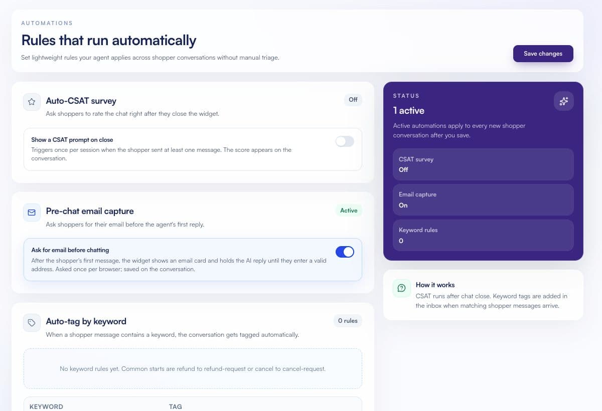 Shoplite Automations screen with CSAT, pre-chat email capture and keyword tagging rules