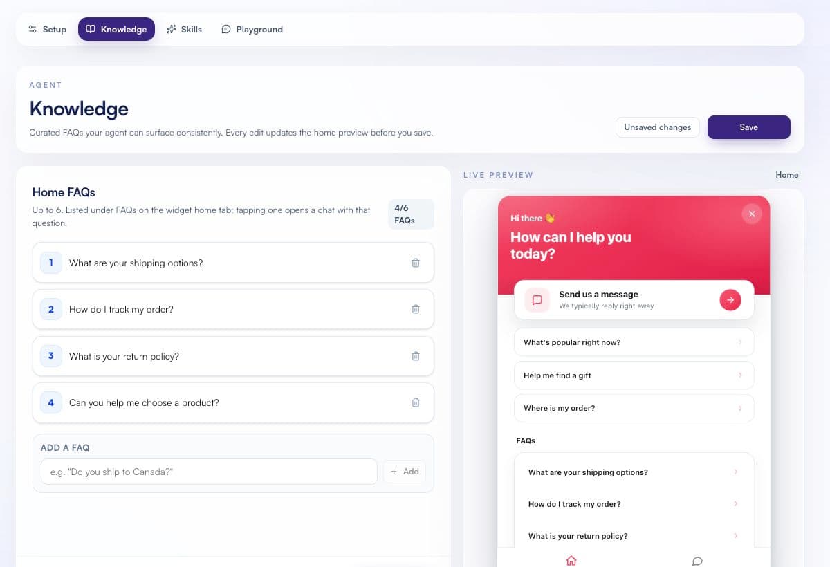 Shoplite Knowledge screen with four storefront FAQ questions and a live widget preview