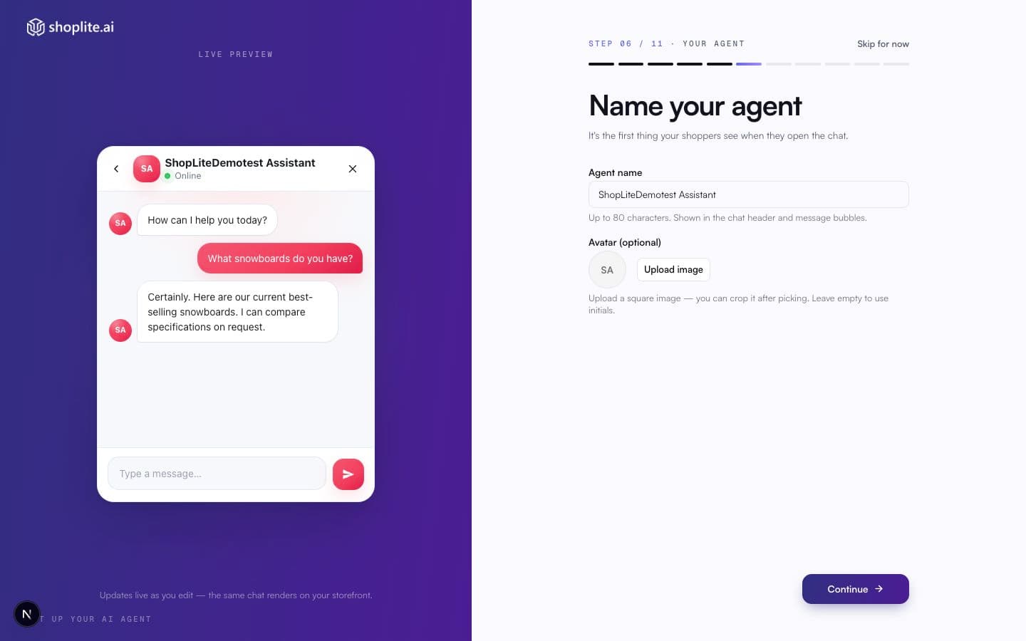 Shoplite onboarding screen for naming the AI agent with a live storefront chat preview
