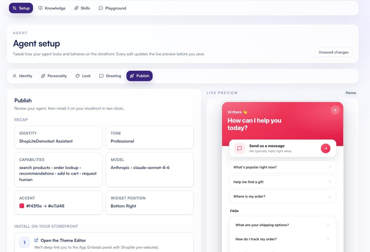 Shoplite Publish tab showing the agent recap and storefront installation controls