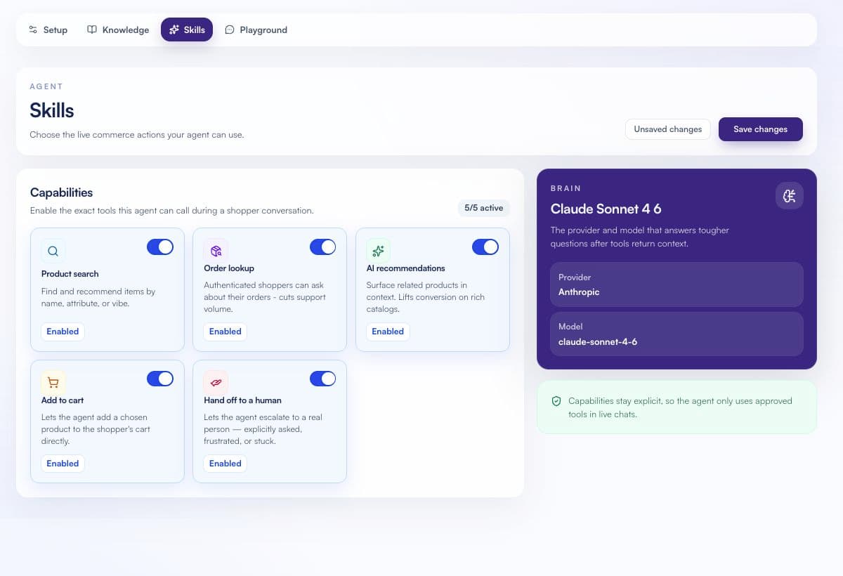 Shoplite Skills screen with product search, order lookup, recommendations, add to cart and human handoff