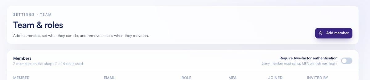 Shoplite Team and roles settings with member seats, two-factor authentication and add-member controls
